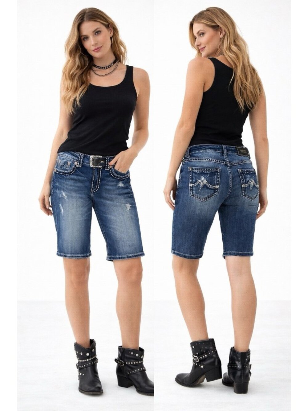 MISS ME jean shorts boyfriend bermuda blue 27 embroidered western rocker